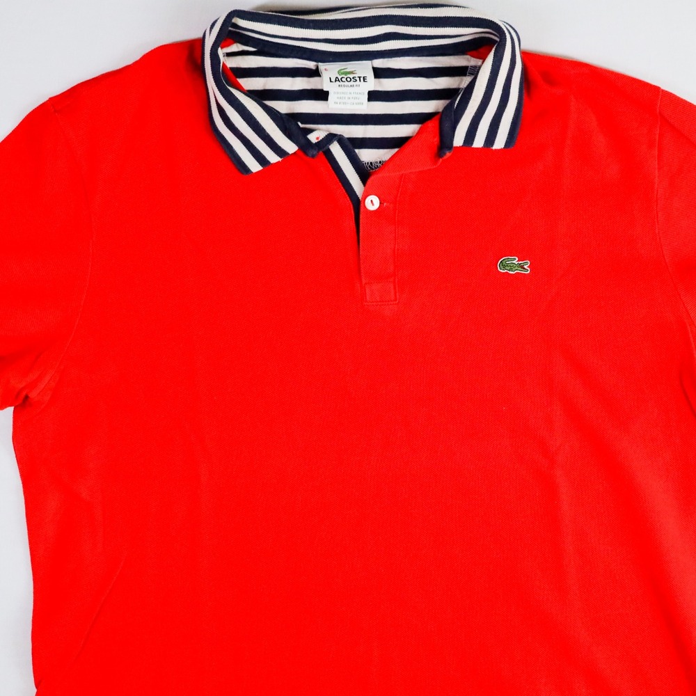 Lacoste Polo Shirt Mens 6 XL Red Regular Fit Nautical Stripe Collar Pique Cotton - Picture 7 of 11